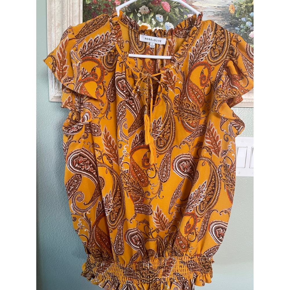 The Rose Olive Paisley Print Blouse V Neck with Tassel Tie Ruffled Cap Sleeves L
